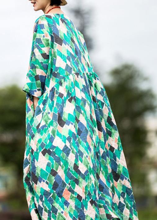 Handmade Multicolor Plaid Cotton Clothes O Neck Tie Waist Maxi Summer Dresses