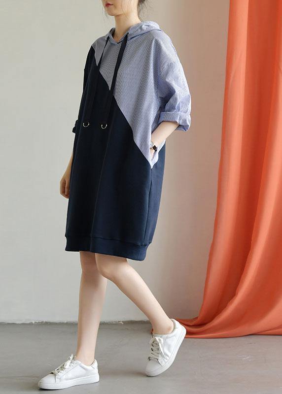 Handmade Navy Patchwork Cotton Quilting Clothes Hooded Daily Fall Dress