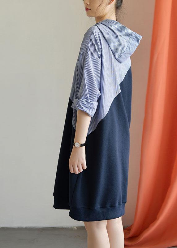 Handmade Navy Patchwork Cotton Quilting Clothes Hooded Daily Fall Dress