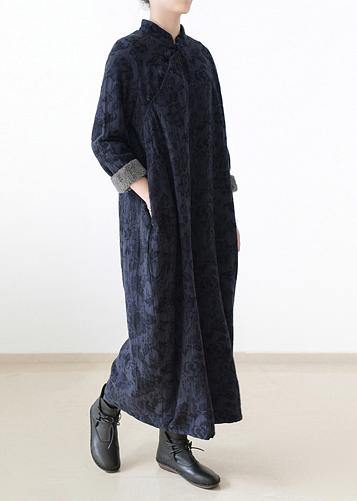 Handmade Navy Thick Cotton Clothes for Chinese Button Loose O Neck Dresses