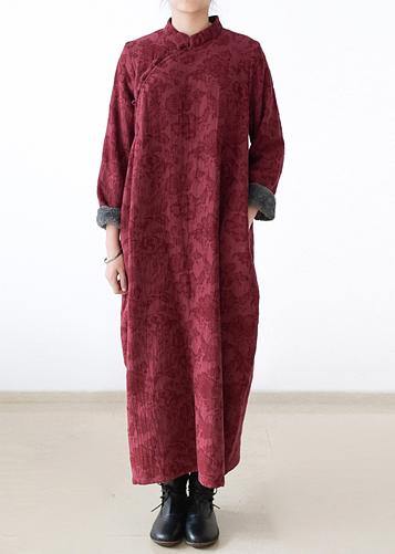 Handmade Navy Thick Cotton Clothes for Chinese Button Loose O Neck Dresses