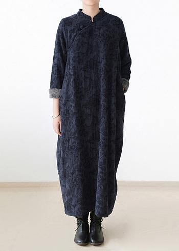 Handmade Navy Thick Cotton Clothes for Chinese Button Loose O Neck Dresses