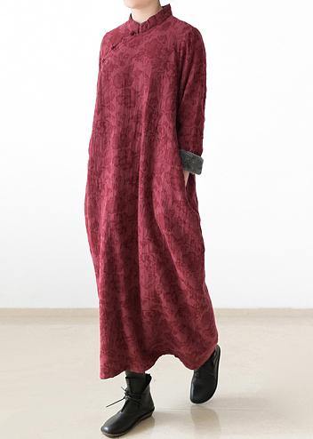 Handmade Navy Thick Cotton Clothes for Chinese Button Loose O Neck Dresses