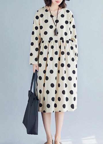 Handmade Nude Dotted Cotton Tunic Pattern V Neck Fall Dress