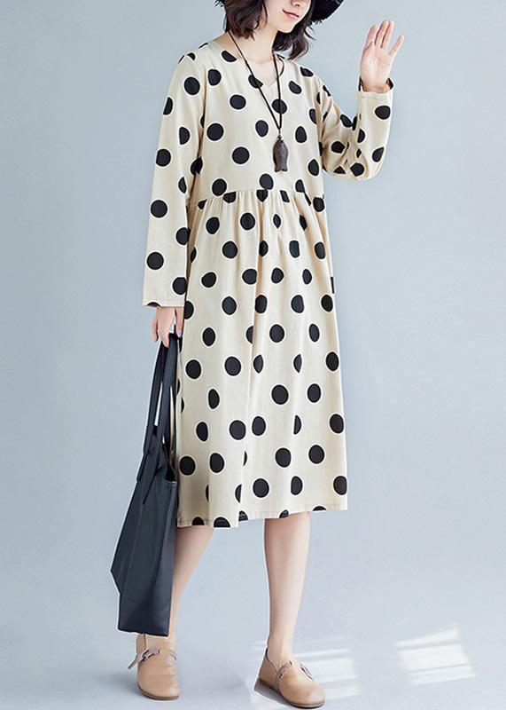 Handmade Nude Dotted Cotton Tunic Pattern V Neck Fall Dress