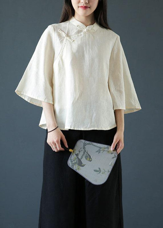 Handmade Nude Linen Blouse Stand Collar Chinese Button Tunic Shirts