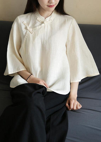 Handmade Nude Linen Blouse Stand Collar Chinese Button Tunic Shirts