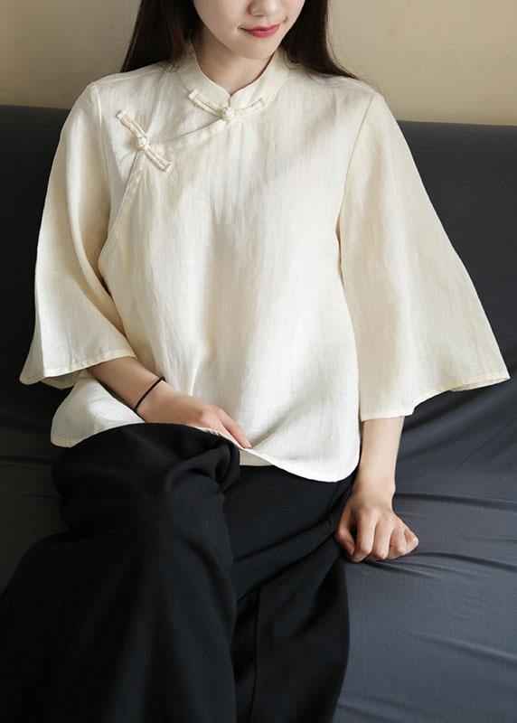 Handmade Nude Linen Blouse Stand Collar Chinese Button Tunic Shirts