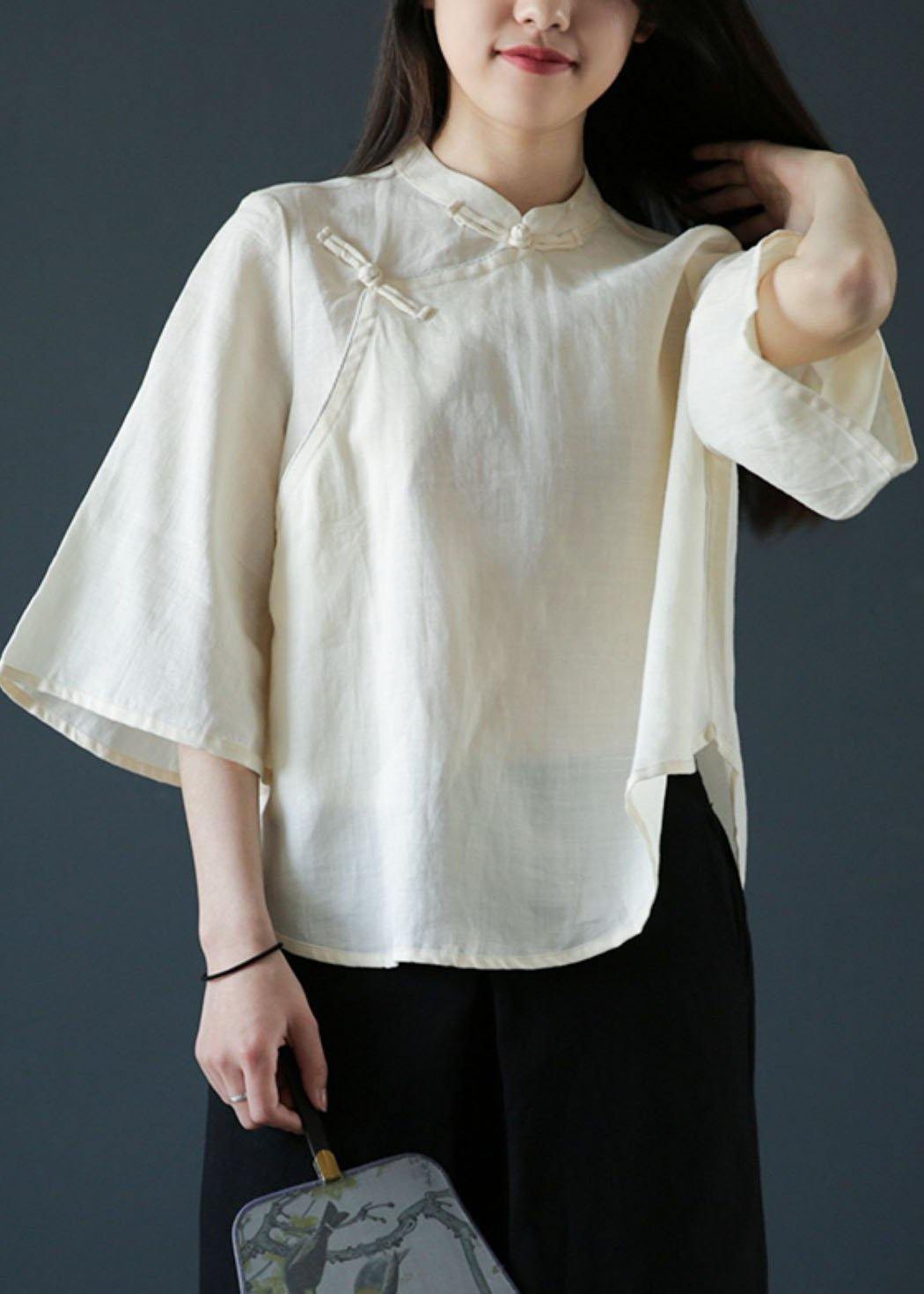 Handmade Nude Linen Blouse Stand Collar Chinese Button Tunic Shirts