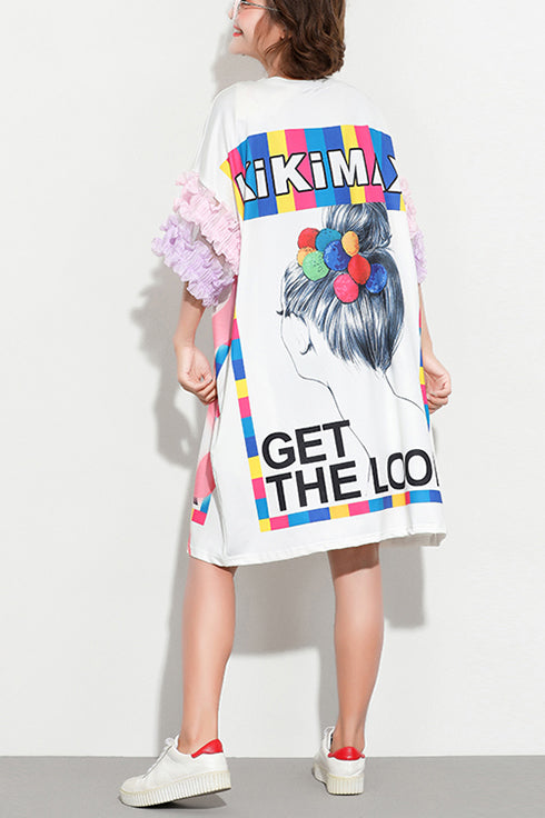 Handmade O Neck Cotton Drops Design Shape White Print Midi Dresses Summer