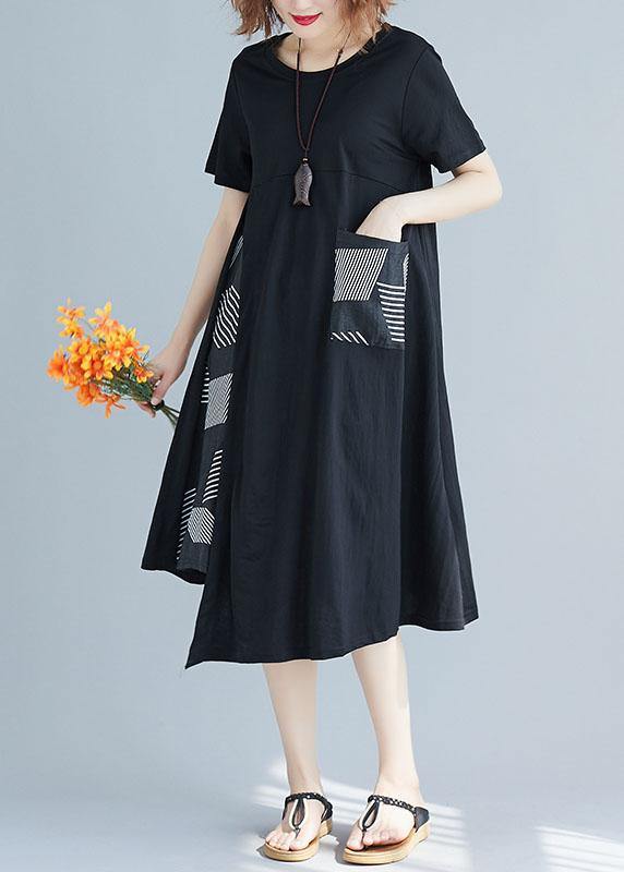 Handmade O Neck Cotton Clothes for Sleeve Patchwork Black Prints Dress Summer
