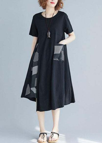 Handmade O Neck Cotton Clothes for Sleeve Patchwork Black Prints Dress Summer