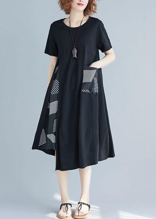Handmade O Neck Cotton Clothes for Sleeve Patchwork Black Prints Dress Summer