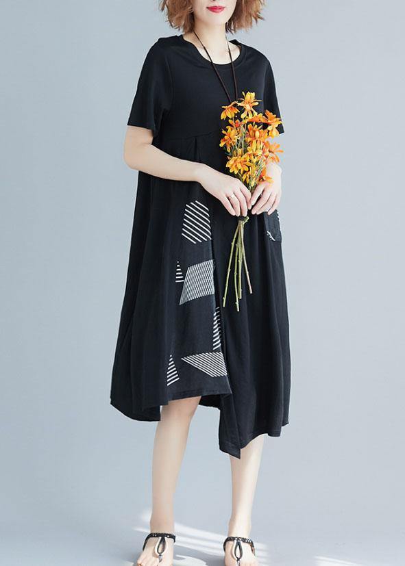 Handmade O Neck Cotton Clothes for Sleeve Patchwork Black Prints Dress Summer