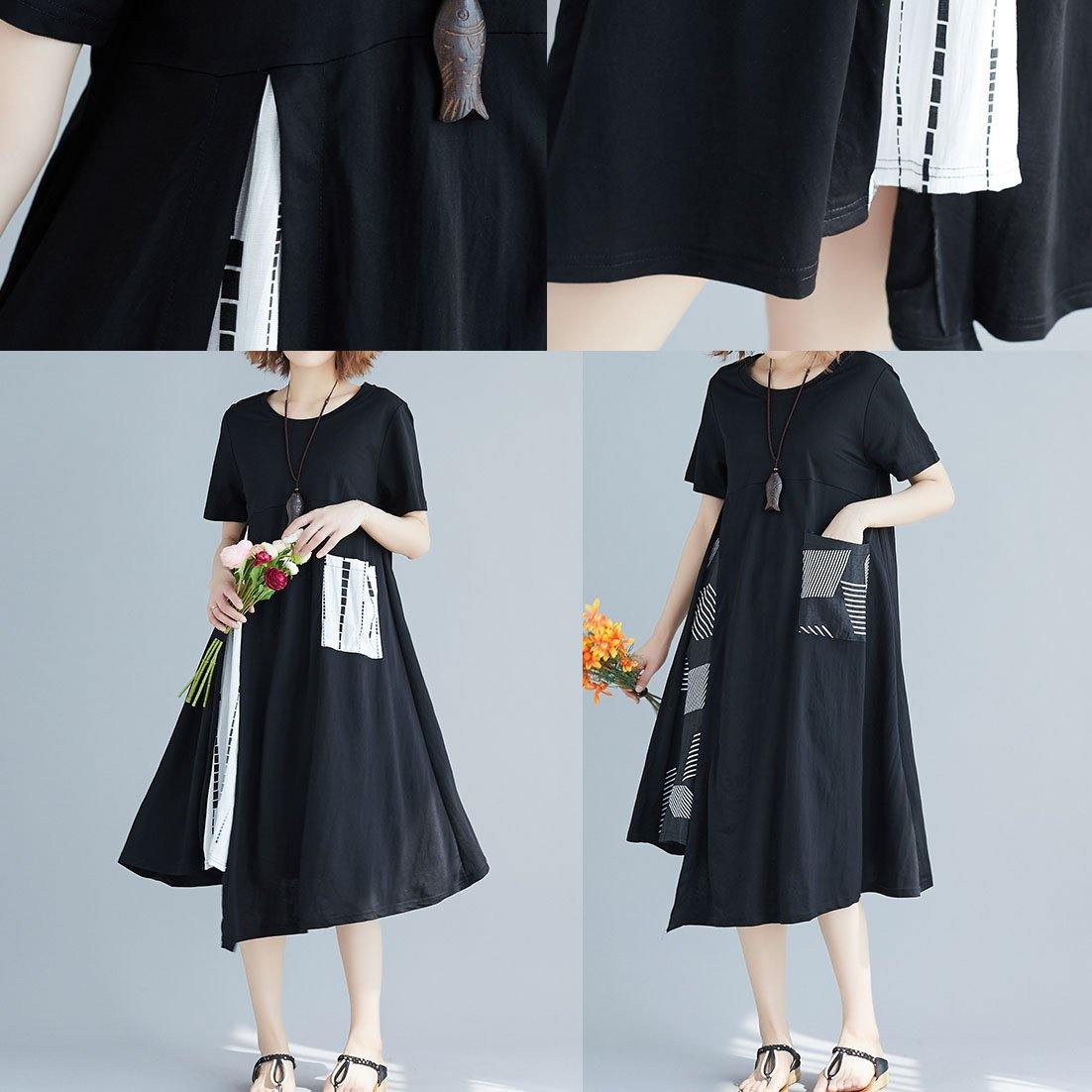 Handmade O Neck Cotton Clothes for Sleeve Patchwork Black Prints Dress Summer