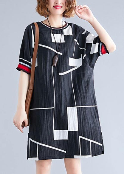 Handmade O Neck Cotton Clothes for Work Black Print Dresses