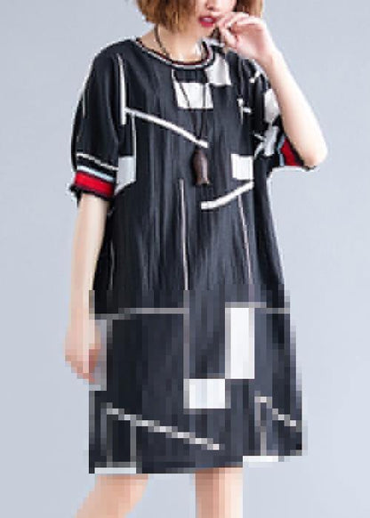 Handmade O Neck Cotton Clothes for Work Black Print Dresses