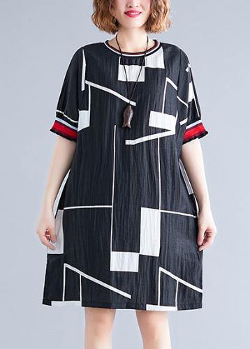Handmade O Neck Cotton Clothes for Work Black Print Dresses