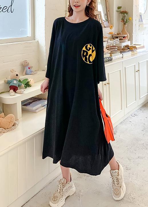 Handmade O Neck Baggy Dress Runway Black Cartoon Print Traveling Dress