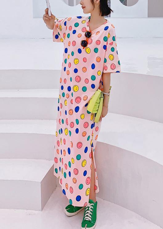 Handmade O Neck Clothes Neckline Pink Smiley Print Dresses