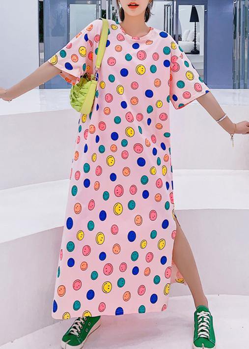 Handmade O Neck Clothes Neckline Pink Smiley Print Dresses