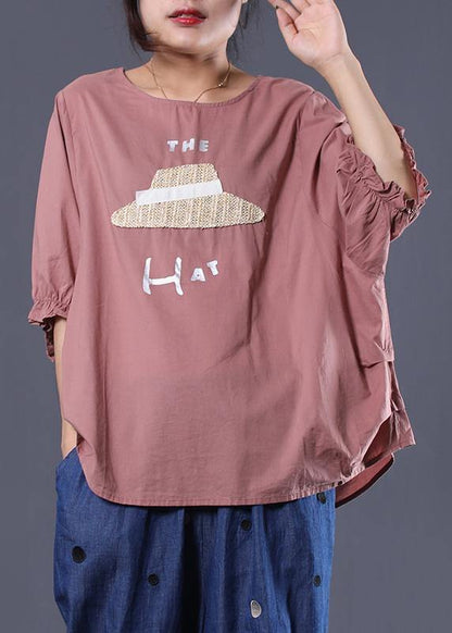 Handmade O Neck Cotton Long Shirts Inspiration Pink Prints Top Summer