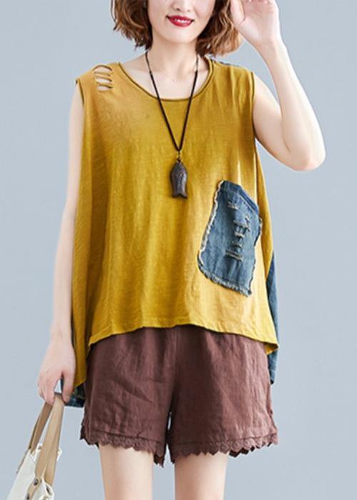 Handmade O Neck Cotton Tops Shape Yellow Patchwork Denim Tops