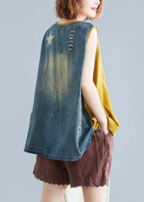 Handmade O Neck Cotton Tops Shape Yellow Patchwork Denim Tops