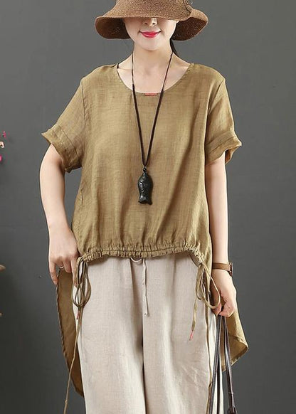 Handmade O Neck Drawstring Linen Summer Blouse Shape White Shirts