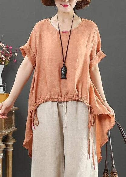Handmade O Neck Drawstring Linen Summer Blouse Shape White Shirts