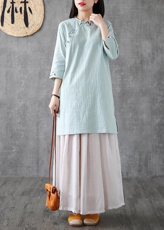 Handmade O Neck Embroidery Linen Clothes for Catwalk Light Green Dresses