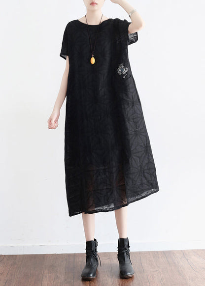 Handmade O Neck Embroidery Pockets Linen Clothes Korea Runway Black Baggy Dresses Summer