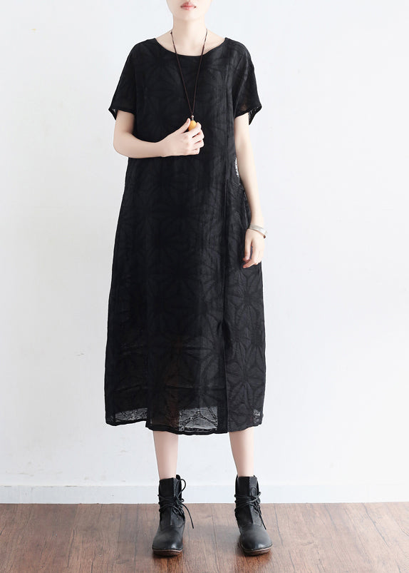 Handmade O Neck Embroidery Pockets Linen Clothes Korea Runway Black Baggy Dresses Summer