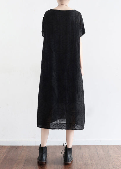 Handmade O Neck Embroidery Pockets Linen Clothes Korea Runway Black Baggy Dresses Summer