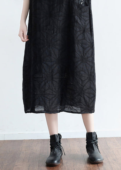 Handmade O Neck Embroidery Pockets Linen Clothes Korea Runway Black Baggy Dresses Summer