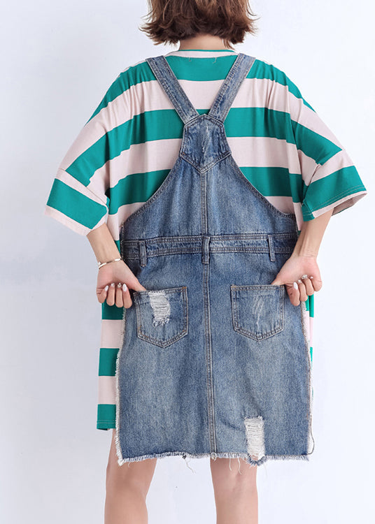 Handmade O Neck False Two Pieces Cotton Wardrobes Sweets Runway Green Striped Short Dresses Summer