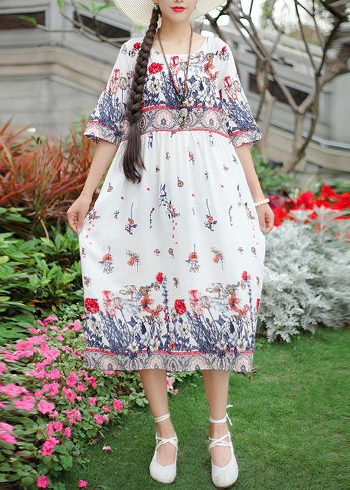 Handmade O Neck Half Sleeve Cotton Fabrics White Print Dresses Summer