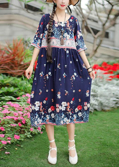 Handmade O Neck Half Sleeve Cotton Fabrics White Print Dresses Summer