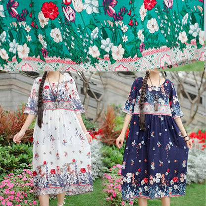 Handmade O Neck Half Sleeve Cotton Fabrics White Print Dresses Summer