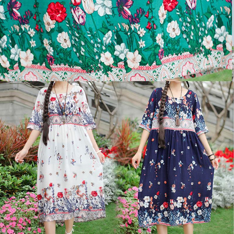 Handmade O Neck Half Sleeve Cotton Fabrics White Print Dresses Summer