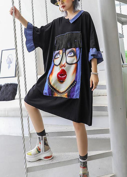 Handmade O Neck Half Sleeve Cotton Dresses Black Print Dress Summer