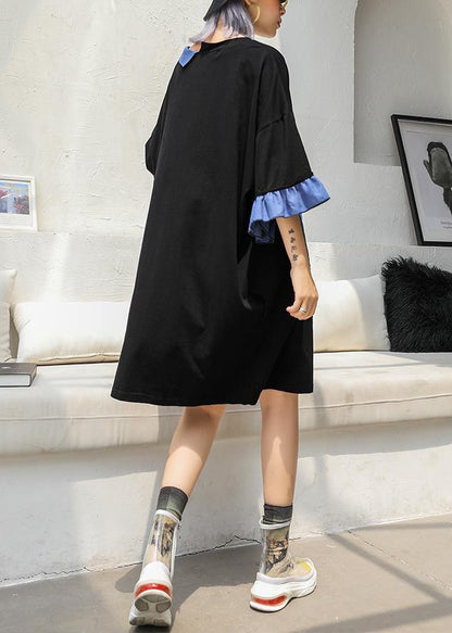 Handmade O Neck Half Sleeve Cotton Dresses Black Print Dress Summer