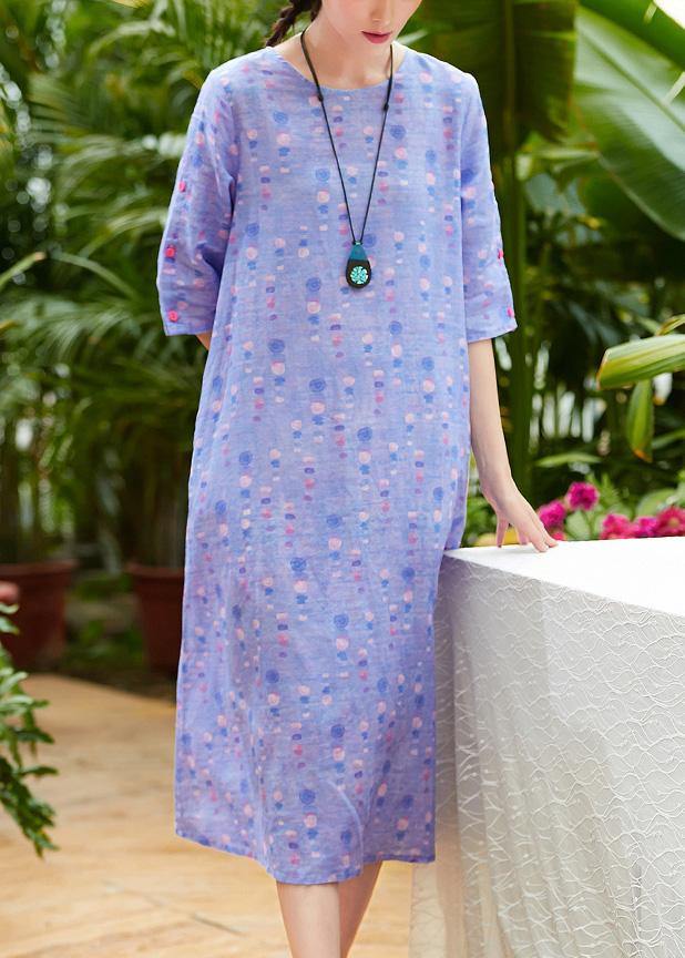 Handmade O Neck Half Sleeve Linen Dress Fabrics Light Purple Dresses Summer