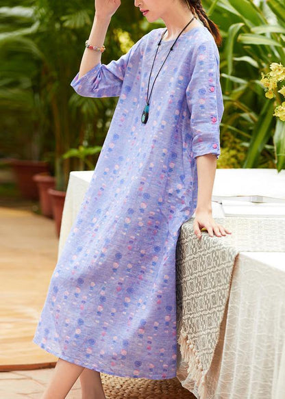 Handmade O Neck Half Sleeve Linen Dress Fabrics Light Purple Dresses Summer