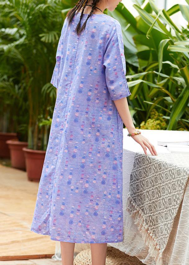 Handmade O Neck Half Sleeve Linen Dress Fabrics Light Purple Dresses Summer