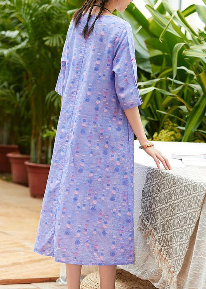Handmade O Neck Half Sleeve Linen Dress Fabrics Light Purple Dresses Summer