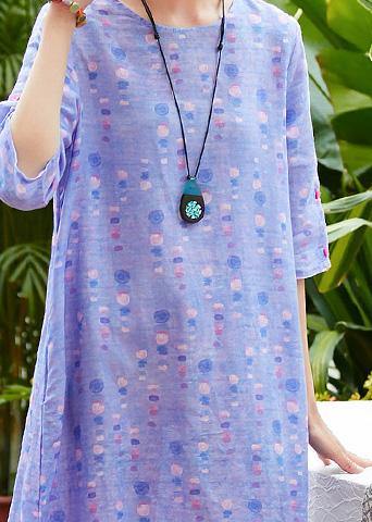 Handmade O Neck Half Sleeve Linen Dress Fabrics Light Purple Dresses Summer