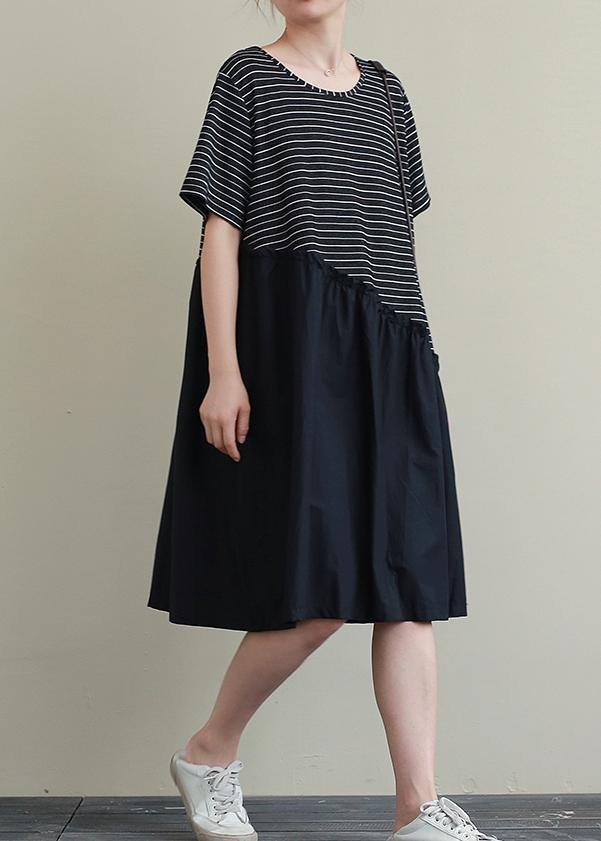 Handmade O Neck Patchwork Cotton Tunic Neckline Black Striped Dress
