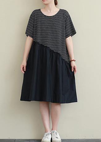 Handmade O Neck Patchwork Cotton Tunic Neckline Black Striped Dress