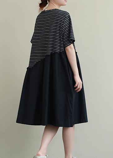 Handmade O Neck Patchwork Cotton Tunic Neckline Black Striped Dress